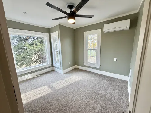 Carpeting in bedroom with green walls